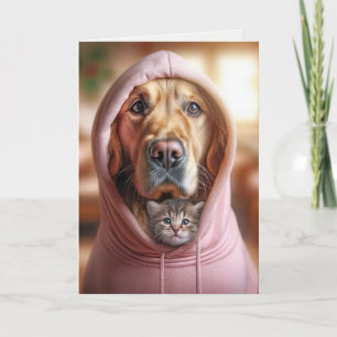 Verjaardag Golden Retriever en kitten in een hoodi Kaart