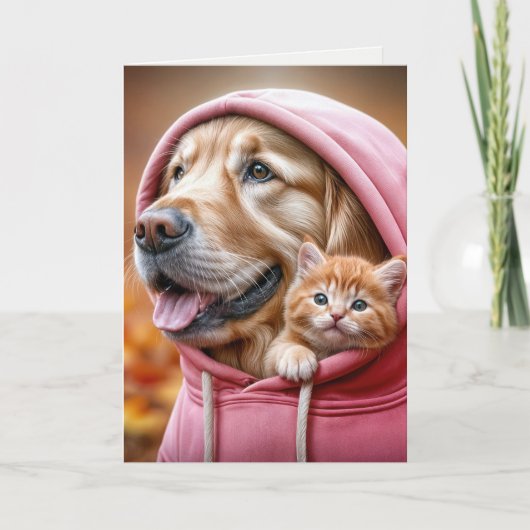 Verjaardag Golden Retriever en kitten in een hoodi Kaart (Voorkant)