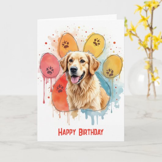 Verjaardag Golden Retriever in een Pawprint Design Kaart (Gele Bloem)
