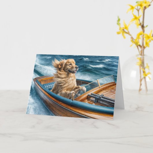 Verjaardag Golden Retriever in oude houten boot Kaart (Gele Bloem)