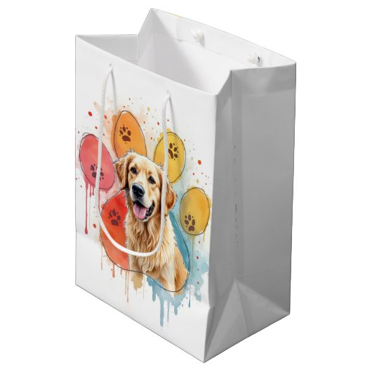 Verjaardag Golden Retriever in Paw Print Medium Cadeauzakje (Voorkant Gekanteld)