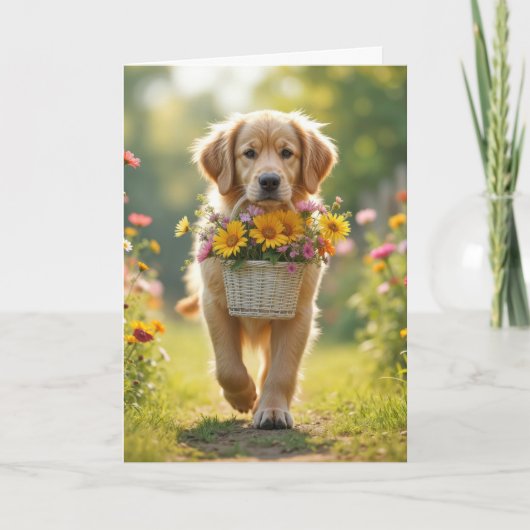 Verjaardag Golden Retriever met bloemenmand Kaart (Voorkant)