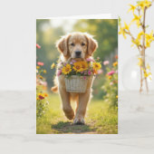 Verjaardag Golden Retriever met bloemenmand Kaart (Gele Bloem)