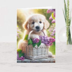 Verjaardag Golden Retriever Puppy met Lila mand Kaart