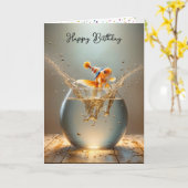Verjaardag Goldfish springen uit Fishbowl Kaart (Gele Bloem)