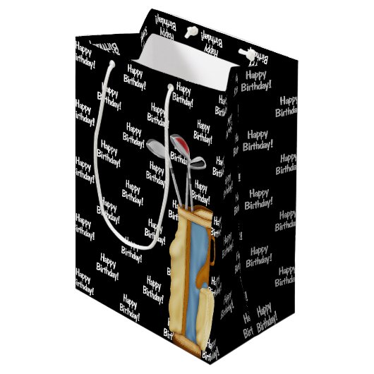 Verjaardag golftas op zwart medium cadeauzakje (Voorkant Gekanteld)