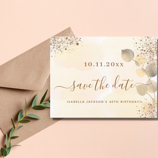 Verjaardag goud eucalyptus glitters bewaar de datu aankondigingskaart