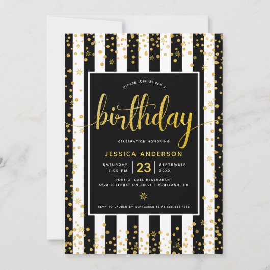 Verjaardag goud glitter script zwart wit strepen kaart (Voorkant)