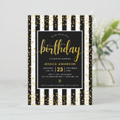 Verjaardag goud glitter script zwart wit strepen kaart (Staand voorkant)