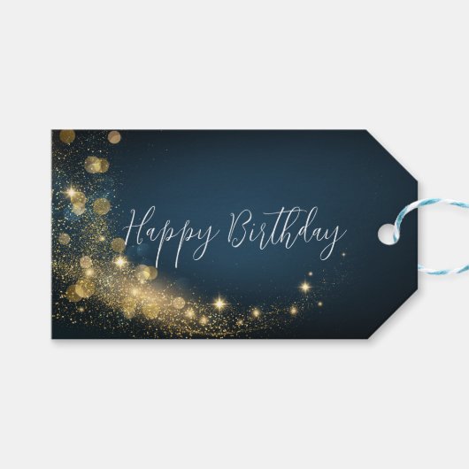 Verjaardag goud middernacht blauw mousserende goud cadeaulabel (Voorkant (Horizontaal))