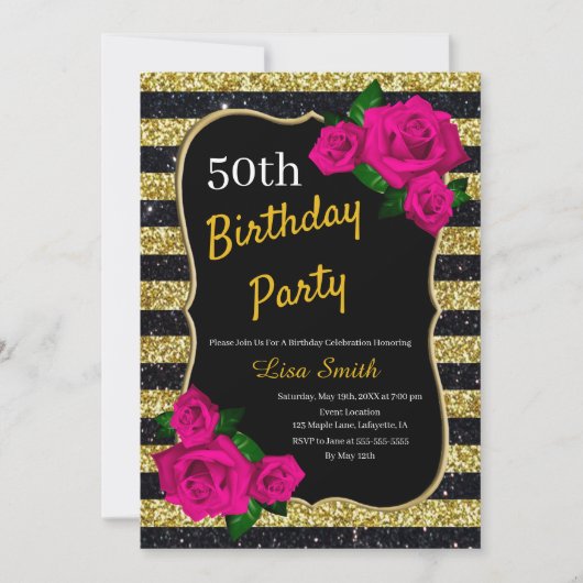 Verjaardag Goud Zwarte Strepen Glitter Rozen Kaart (Voorkant)