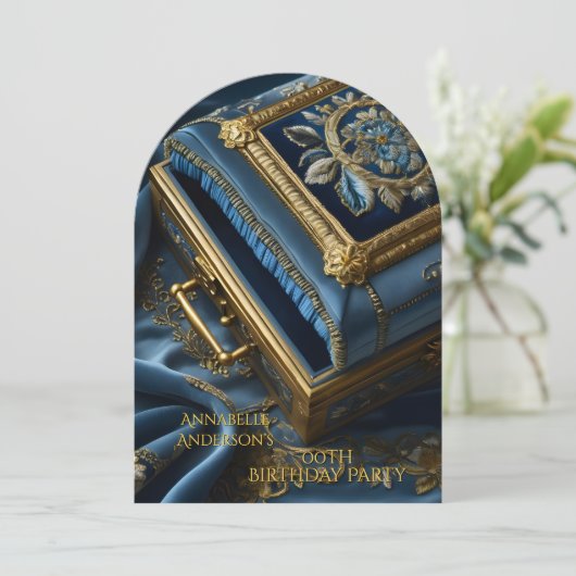 Verjaardag  Gouden Blauwe Juwelendoos Kaart (Staand voorkant)