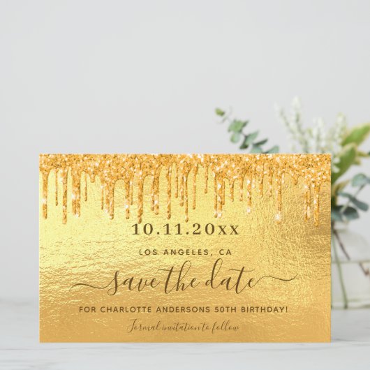 Verjaardag gouden glitters save the date kaart (Staand voorkant)
