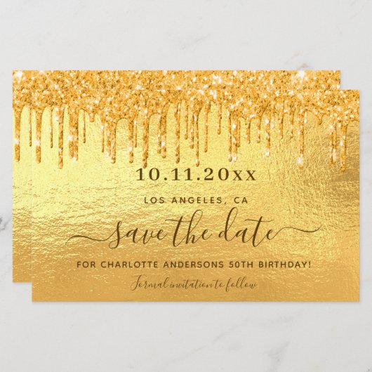Verjaardag gouden glitters save the date kaart (Voorkant / Achterkant)