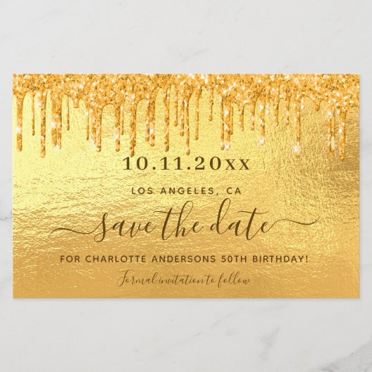Verjaardag gouden glitters save the date kaart (Voorkant)