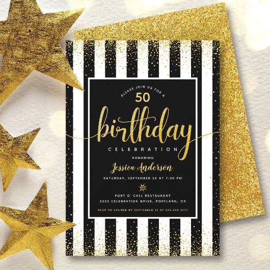 Verjaardag gouden glitterscript op zwarte aangepas kaart