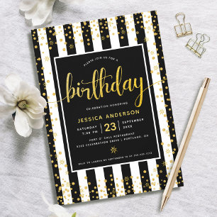 Verjaardag gouden glitterscript zwart witte strepe kaart
