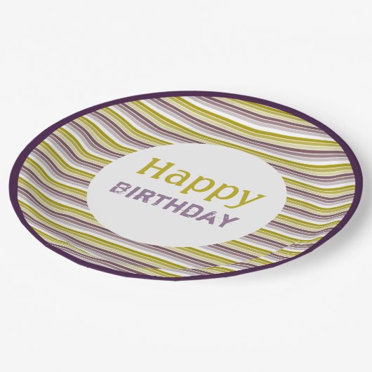 Verjaardag Gouden Paarse en Plum Stripe Paper Bord (Gekanteld)