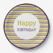 Verjaardag Gouden Paarse en Plum Stripe Paper Bord (Voorkant)