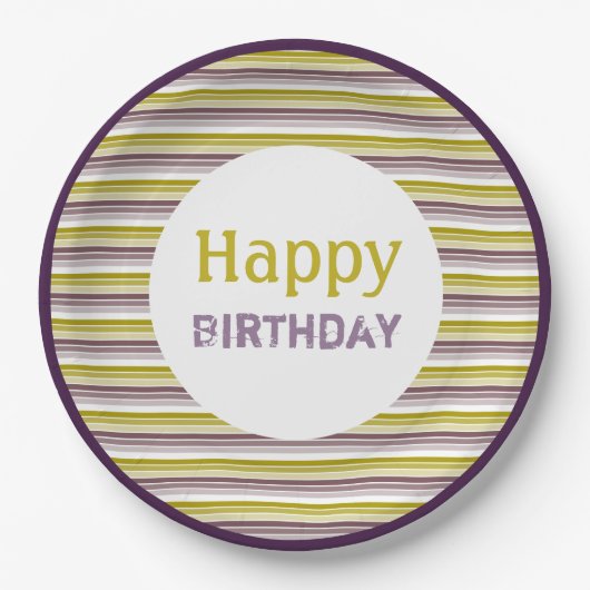 Verjaardag Gouden Paarse en Plum Stripe Paper Bord (Voorkant)