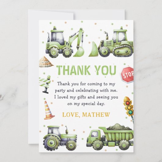 Verjaardag graafmachine bouwwagen bedankkaart (Voorkant)