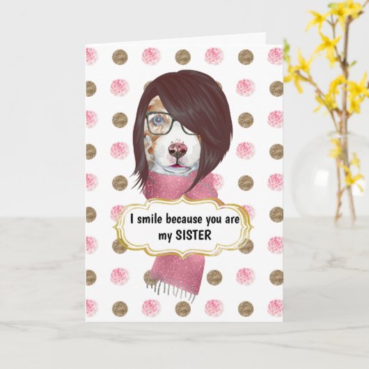 Verjaardag Grappige zus bruin collie hond roos gou Kaart (Gele Bloem)