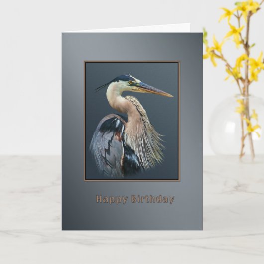 Verjaardag, Great Blue Heron Bird in zilver en gri Kaart (Gele Bloem)