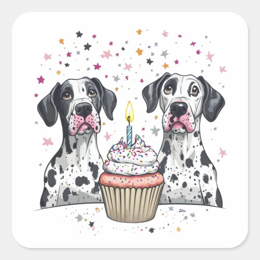 Verjaardag Great Dane Dogs Cupcake Vierkante Sticker (Voorkant)