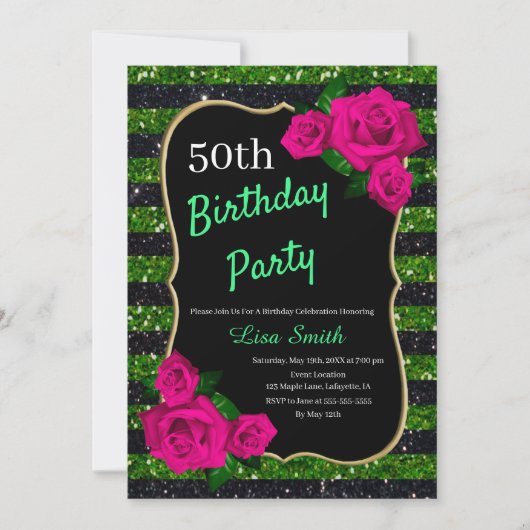 Verjaardag Green Black Stripes Glitter Pink Roses Kaart (Voorkant)