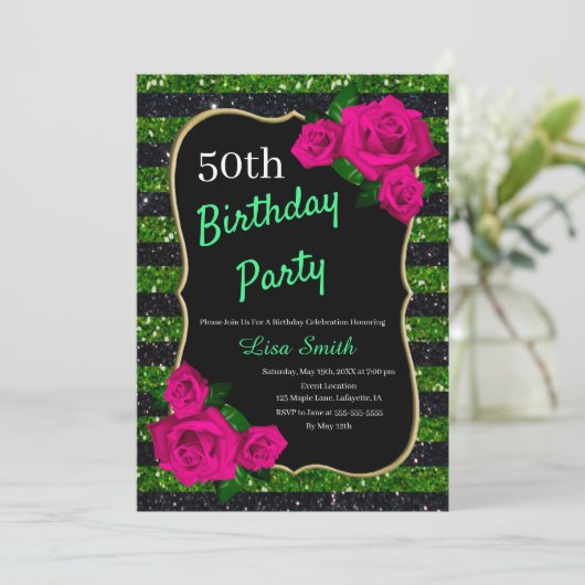 Verjaardag Green Black Stripes Glitter Pink Roses Kaart (Staand voorkant)
