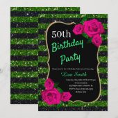 Verjaardag Green Black Stripes Glitter Pink Roses Kaart (Voorkant / Achterkant)
