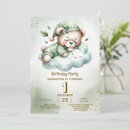 Verjaardag Green Boho Sleeping Teddy Bear Schattig Kaart (Staand voorkant)