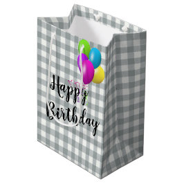 Verjaardag Grijs en Wit Gingham Medium Cadeauzakje