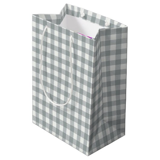 Verjaardag Grijs en Wit Gingham Medium Cadeauzakje (Achterkant Gekanteld)