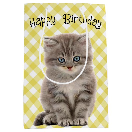 Verjaardag Grijs Kitten op Gingham Medium Cadeauzakje (Voorkant)