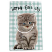 Verjaardag Grijs Kitten op Gingham Medium Cadeauzakje (Voorkant)