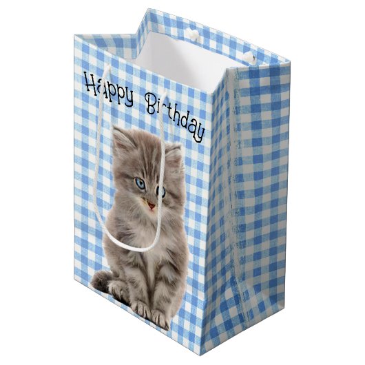 Verjaardag Grijs Kitten op Gingham Medium Cadeauzakje (Voorkant Gekanteld)