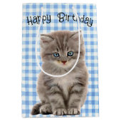 Verjaardag Grijs Kitten op Gingham Medium Cadeauzakje (Voorkant)