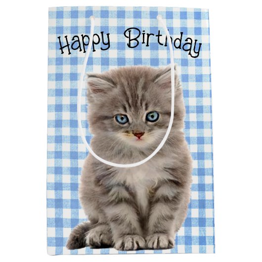 Verjaardag Grijs Kitten op Gingham Medium Cadeauzakje (Voorkant)
