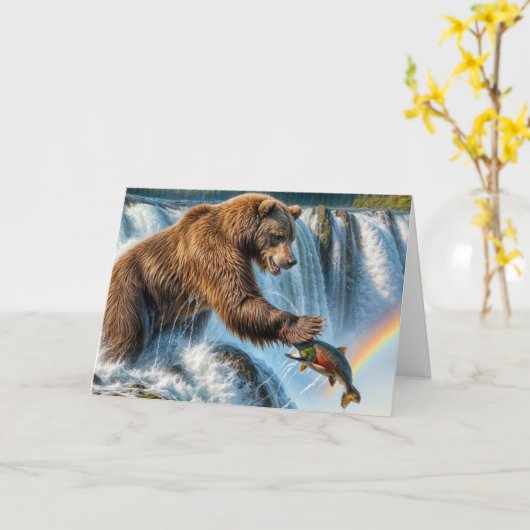 Verjaardag Grizzly Beer Het vangen van een zalm Kaart (Gele Bloem)