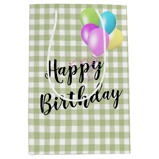 Verjaardag Groen en Wit Gingham Medium Cadeauzakje (Voorkant)
