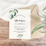Verjaardag groen ginkgo wit script elegant kaart<br><div class="desc">Voorzijde: een stijlvolle witte achtergrond versierd met eenvoudige gouden ginkgo bladeren. Personaliseer en voeg jouw namen en feestdetails toe. Achterkant: smaragdgroene achtergrond.</div>