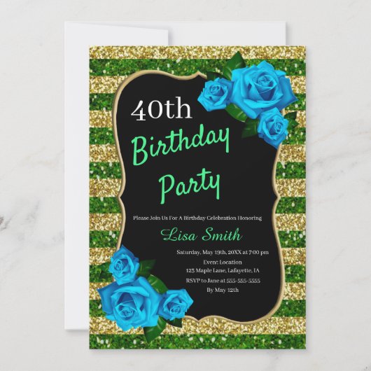 Verjaardag Groen Goud Strepen Glitter Blauw Rozen Kaart (Voorkant)