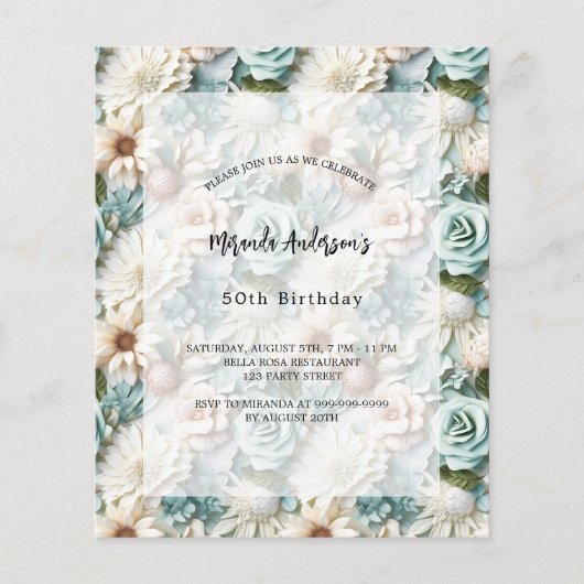 Verjaardag groen wit bloemenbudget uitnodiging (Voorkant)