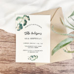 Verjaardag groen wit script elegant eenvoudig uitnodiging briefkaart<br><div class="desc">Voorzijde: een stijlvolle witte achtergrond versierd met eenvoudige gouden ginkgo bladeren. Personaliseer en voeg jouw namen en feestdetails toe.</div>