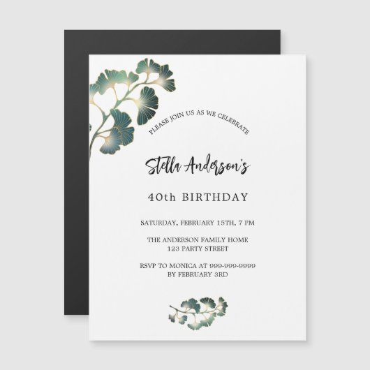 Verjaardag groen wit script elegante luxe magnetische uitnodiging (Voorkant / Achterkant)