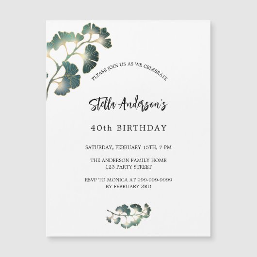 Verjaardag groen wit script elegante luxe magnetische uitnodiging (Voorkant)