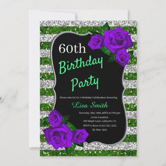 Verjaardag Groen Zilver Strepen Glitter Paarse Roz Kaart (Voorkant)