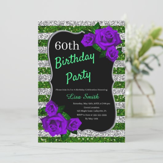 Verjaardag Groen Zilver Strepen Glitter Paarse Roz Kaart (Staand voorkant)