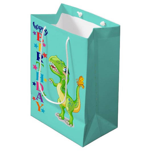 Verjaardag Groene Dino Medium Cadeauzakje (Voorkant Gekanteld)